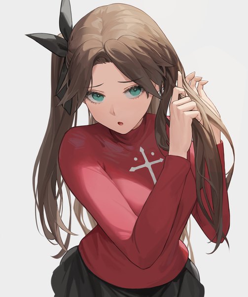 Anime picture 1450x1731 with fate (series) fate/stay night toosaka rin cotta (heleif) single long hair tall image looking at viewer open mouth simple background brown hair aqua eyes grey background :o hairdressing girl turtleneck