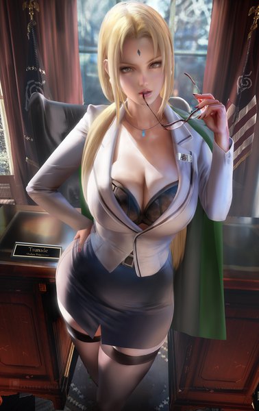 Anime picture 2205x3500 with naruto studio pierrot naruto (series) tsunade sakimichan single long hair tall image looking at viewer fringe highres breasts open mouth light erotic blonde hair large breasts standing twintails brown eyes cleavage