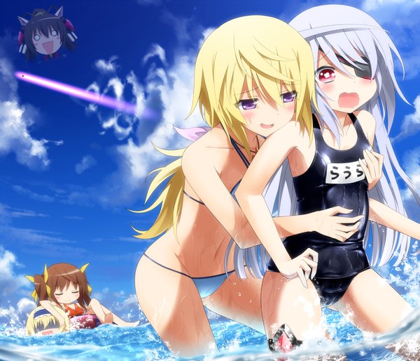 Anime picture 1087x937 with infinite stratos 8bit charles dunois laura bodewig cecilia orcott shinonono houki fang linyin haribote (tarao) long hair blush open mouth light erotic blonde hair red eyes brown hair purple eyes multiple girls sky silver hair cloud (clouds)