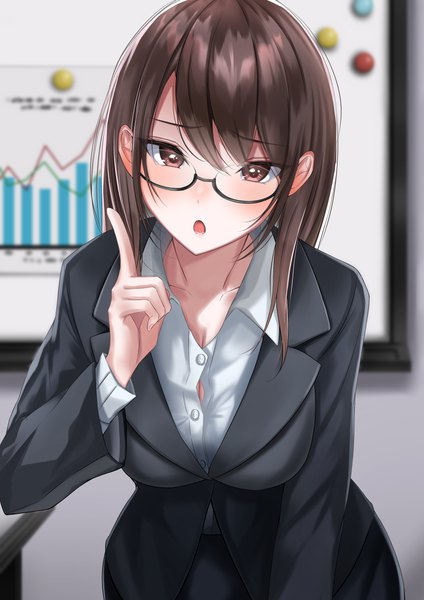 Anime picture 2893x4092 with original blueorbit hzmk single long hair tall image looking at viewer blush fringe highres breasts open mouth hair between eyes brown hair large breasts standing brown eyes indoors long sleeves arm up :o