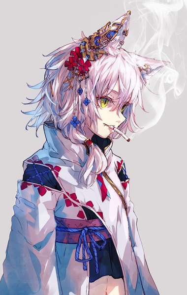 Anime picture 761x1200 with original makihitsuji single long hair tall image fringe simple background hair between eyes standing holding animal ears yellow eyes looking away white hair traditional clothes parted lips japanese clothes hair flower grey background mole