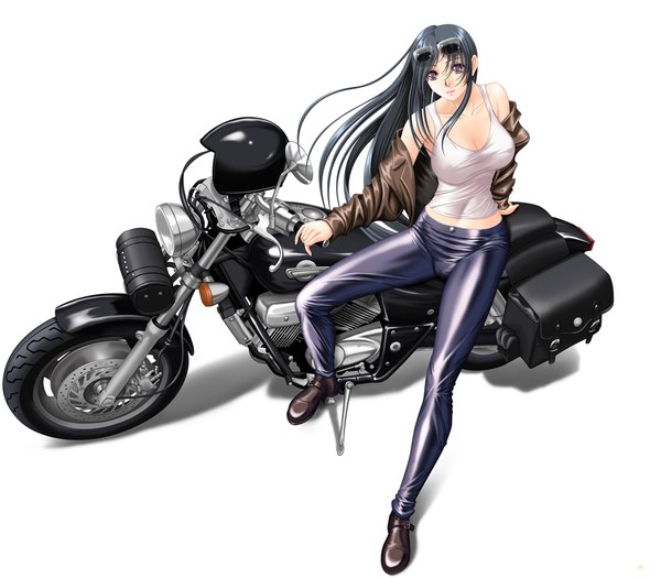 Anime picture 1000x875 with original ayuse masahiko single long hair looking at viewer breasts light erotic black hair simple background large breasts white background purple eyes open clothes open jacket girl jacket sunglasses motorcycle