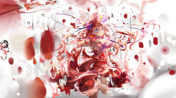 Anime picture 3104x1741 with go-toubun no hanayome nakano nino moshi 0208 single looking at viewer blush fringe highres blue eyes light erotic hair between eyes wide image red hair very long hair looking back barefoot bare back underwater girl dress
