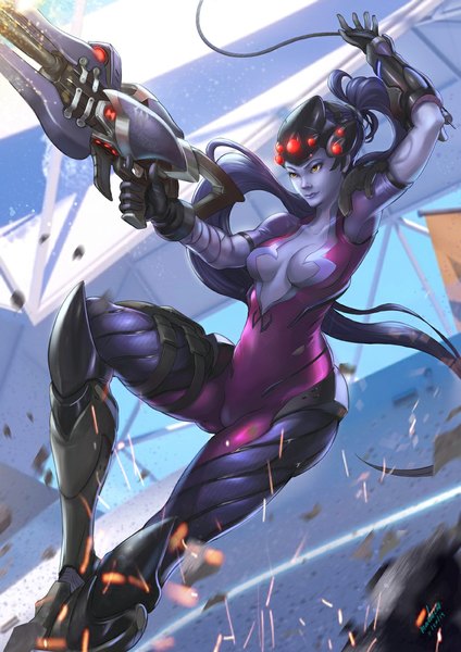 Anime picture 842x1191 with overwatch blizzard entertainment widowmaker (overwatch) mashi2311 single tall image breasts light erotic yellow eyes blue hair cleavage ponytail very long hair lips realistic blue skin girl weapon gun bodysuit