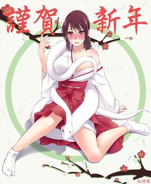 Anime picture 1188x1446 with original korisei single long hair tall image blush highres breasts open mouth light erotic brown hair large breasts sitting purple eyes traditional clothes japanese clothes off shoulder arm support tears miko