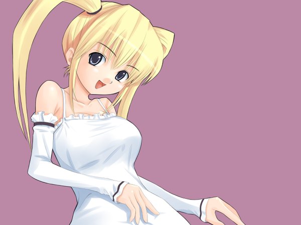 Anime picture 1280x960 with tagme (copyright) tagme (artist) single long hair breasts open mouth blue eyes simple background blonde hair smile twintails payot girl dress detached sleeves white dress