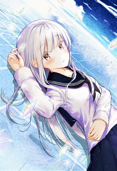 Anime picture 2031x2952 with original kayakooooo single long hair tall image looking at viewer blush fringe highres red eyes payot sky silver hair cloud (clouds) upper body lying parted lips :o on back horizon