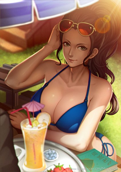 Anime picture 750x1061 with one piece toei animation nico robin magion02 single long hair tall image looking at viewer breasts blue eyes light erotic black hair large breasts cleavage ponytail realistic girl swimsuit bikini book (books)