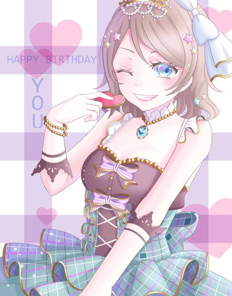 Anime picture 2150x2736 with love live! sunshine!! sunrise (studio) love live! watanabe you xmanamilkx single tall image looking at viewer blush fringe highres short hair breasts blue eyes light erotic smile standing holding cleavage one eye closed