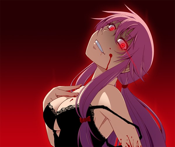 Anime-Bild 1000x840 mit mirai nikki gasai yuno hayashi custom single long hair looking at viewer blush light erotic red eyes bare shoulders pink hair cleavage glowing hand on chest strap slip glowing eye (eyes) red background crazy smile crazy crazy eyes