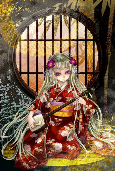 Anime picture 1181x1748 with original shio (blacksio) single tall image purple eyes silver hair very long hair traditional clothes japanese clothes hair flower horn (horns) girl hair ornament kimono obi musical instrument