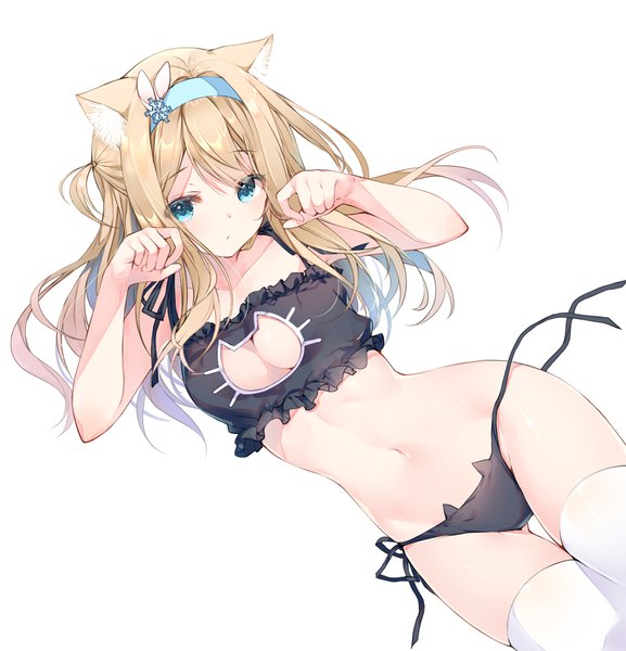 Anime picture 1032x1072 with girls frontline suomi kp31 (girls frontline) miwabe sakura single long hair tall image looking at viewer blush fringe breasts blue eyes light erotic simple background blonde hair hair between eyes white background animal ears cleavage tail lying