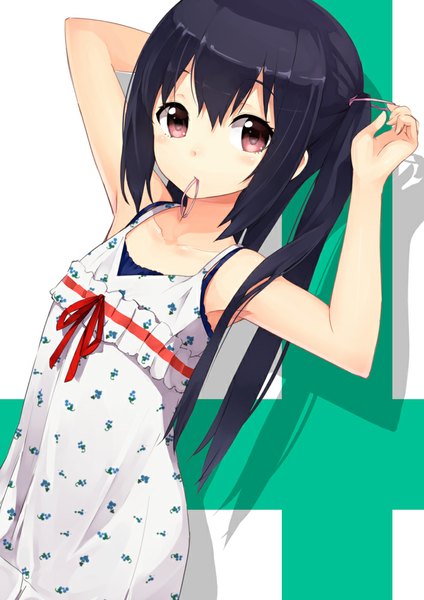 Anime picture 707x1000 with k-on! kyoto animation nakano azusa risou (maeda risou) single long hair tall image blush black hair simple background red eyes twintails bare shoulders holding looking away shadow mouth hold hair tie in mouth girl dress