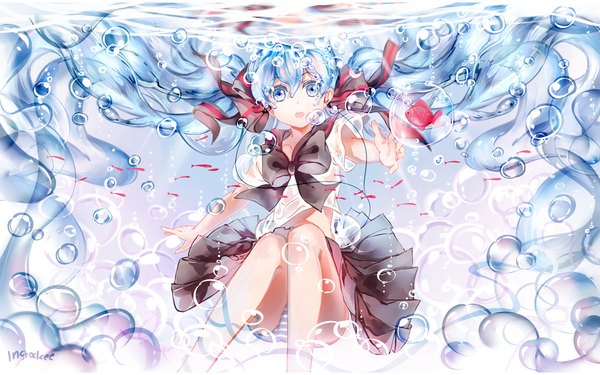 Anime picture 1440x900 with vocaloid hatsune miku bottle miku instockee single looking at viewer open mouth blue eyes light erotic wide image twintails blue hair very long hair pantyshot liquid hair girl skirt ribbon (ribbons) hair ribbon miniskirt