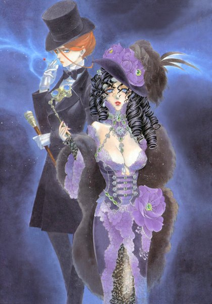 Anime picture 1411x2015 with trinity blood gonzo mary spencer jane judith jocelyn long hair tall image breasts blue eyes standing bare shoulders lipstick wavy hair smoke smoking otoko no ko girl dress gloves flower (flowers) hat