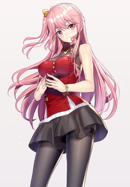 Anime picture 835x1200 with original emily stock ririko (zhuoyandesailaer) single long hair tall image looking at viewer blush fringe breasts simple background smile hair between eyes red eyes standing bare shoulders payot pink hair braid (braids) head tilt