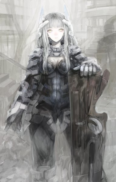 Anime picture 825x1293 with original asme (m a l d o) single long hair tall image looking at viewer fringe yellow eyes grey hair science fiction girl weapon armor gun stairs huge weapon