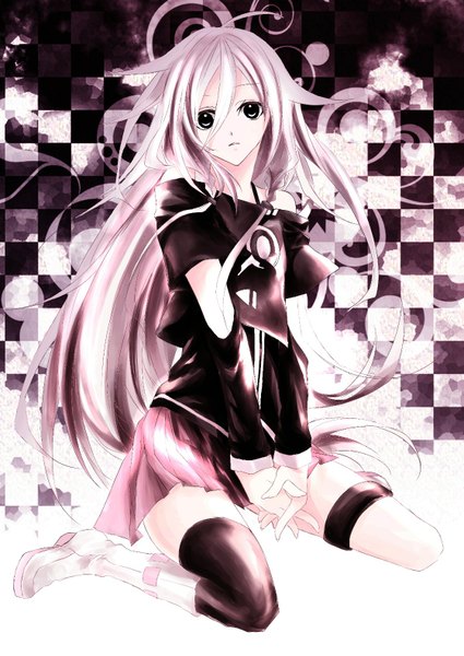 Anime picture 1119x1581 with vocaloid ia (vocaloid) single long hair tall image fringe pink hair braid (braids) black eyes off shoulder twin braids checkered floor girl thighhighs boots thigh boots