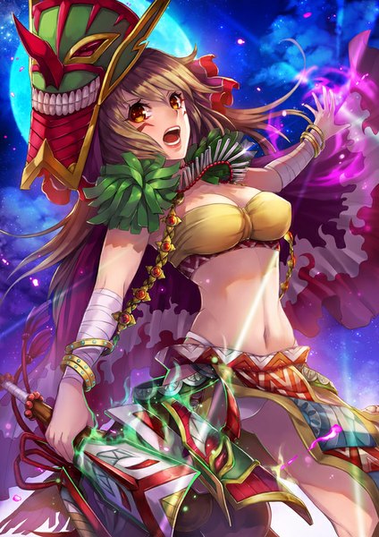Anime picture 636x900 with original kaskia single long hair tall image open mouth light erotic brown hair yellow eyes cloud (clouds) night midriff pantyshot night sky lipstick mask on head face paint girl navel underwear