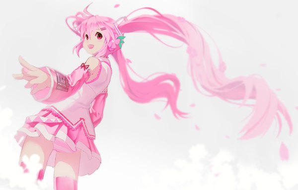 Anime picture 3508x2244 with vocaloid hatsune miku sakura miku segamark single blush fringe highres open mouth light erotic simple background smile hair between eyes standing twintails pink hair absurdres very long hair :d pleated skirt