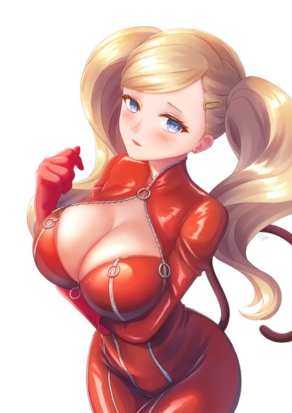 Anime-Bild 1273x1800 mit persona 5 persona takamaki anne sebu illust single long hair tall image looking at viewer blush breasts blue eyes light erotic simple background blonde hair large breasts white background twintails cleavage from above embarrassed