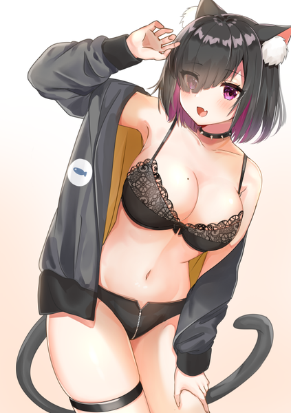 Anime picture 565x800 with original katsushika pachi single tall image looking at viewer fringe short hair breasts open mouth light erotic black hair simple background large breasts standing purple eyes animal ears cleavage tail head tilt :d
