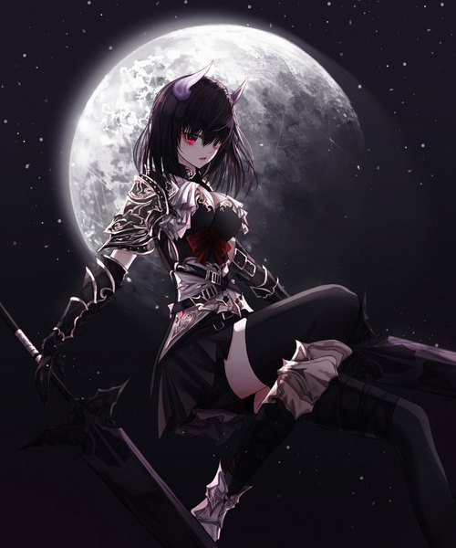 Anime picture 3000x3600 with original domi (hyaku8795) single tall image looking at viewer fringe highres short hair breasts black hair hair between eyes red eyes holding cleavage full body bent knee (knees) parted lips horn (horns) night night sky