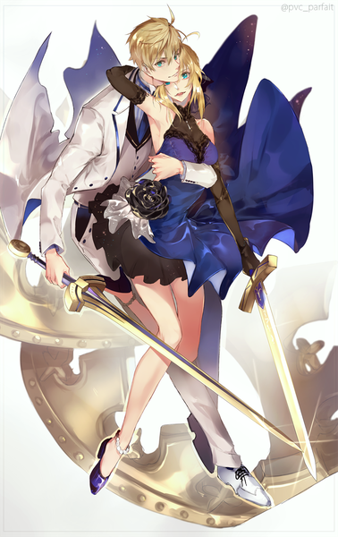 Anime picture 800x1269 with fate (series) fate/grand order fate/stay night fate/extra fate/prototype fate/extella artoria pendragon (all) saber arthur pendragon (fate) pvc parfait tall image looking at viewer fringe short hair open mouth blonde hair simple background hair between eyes holding signed