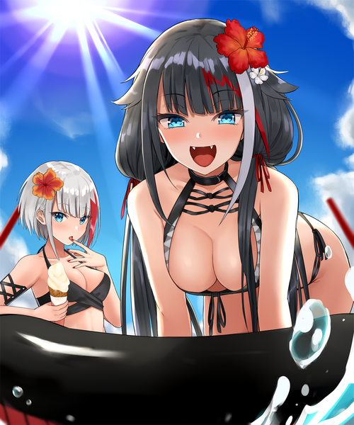 Anime picture 1084x1300 with azur lane admiral graf spee (azur lane) deutschland (azur lane) deutschland (service time?!) (azur lane) kinokorec long hair tall image looking at viewer blush fringe short hair breasts open mouth blue eyes light erotic black hair bare shoulders multiple girls holding payot