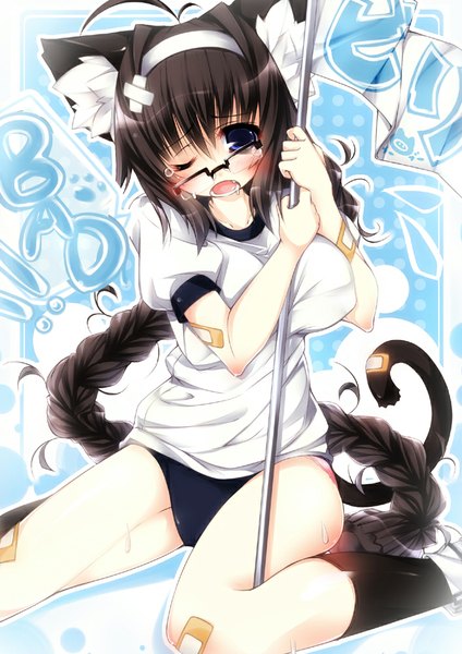Anime picture 707x1000 with original ojitcha single tall image blush open mouth blue eyes light erotic black hair animal ears tail very long hair animal tail one eye closed wink cat ears cat girl cat tail bandaid on head girl