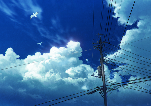 Anime picture 1200x848 with original mocha (cotton) sky cloud (clouds) no people landscape animal bird (birds) power lines seagull