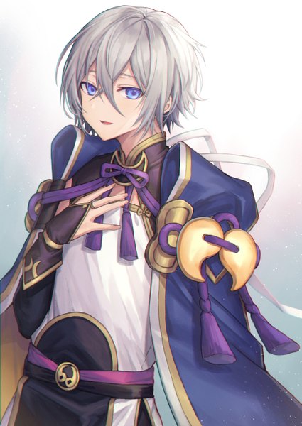 Anime picture 900x1270 with fate (series) fate/grand order prince of lan ling (fate) coyucom single tall image looking at viewer fringe short hair open mouth blue eyes simple background hair between eyes standing silver hair traditional clothes light smile grey background gradient background hand on chest