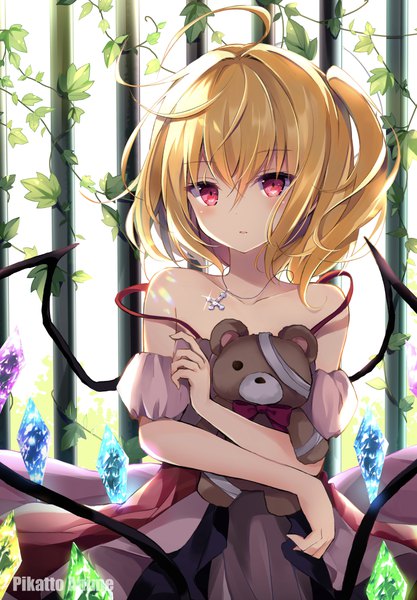 Anime picture 5999x8632 with touhou flandre scarlet hyurasan single tall image looking at viewer blush fringe highres short hair blonde hair hair between eyes red eyes bare shoulders holding absurdres upper body ahoge one side up crossed arms