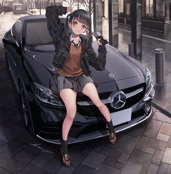 Anime picture 3826x3904 with original mercedes-benz koh (minagi kou) single long hair tall image looking at viewer fringe highres black hair sitting twintails holding brown eyes signed absurdres full body outdoors blunt bangs long sleeves