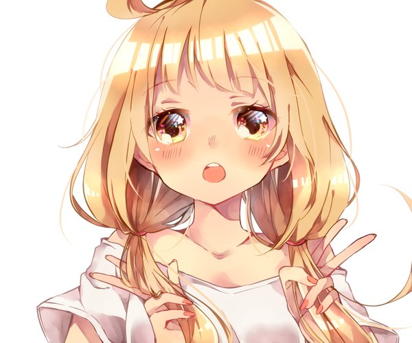 Anime picture 1200x1000 with idolmaster idolmaster cinderella girls futaba anzu naoton single long hair looking at viewer blush open mouth blonde hair simple background white background twintails yellow eyes ahoge fingernails teeth low twintails victory close-up