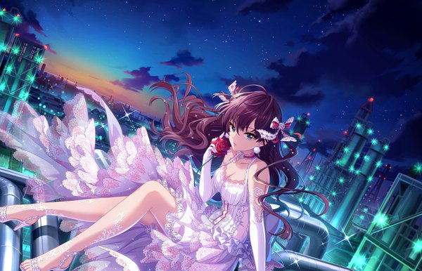 Anime picture 1280x824 with idolmaster idolmaster cinderella girls ichinose shiki single long hair looking at viewer fringe breasts blue eyes hair between eyes sitting bare shoulders holding sky cleavage purple hair cloud (clouds) full body outdoors parted lips