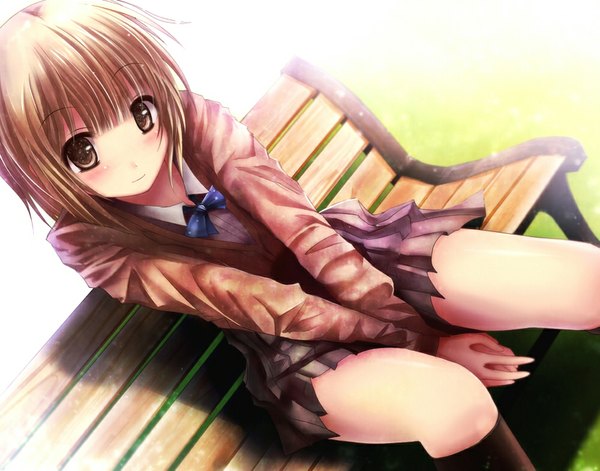Anime picture 1000x785 with original missle228 single blush short hair smile brown hair brown eyes pleated skirt sunlight girl uniform school uniform bowtie thigh boots bench