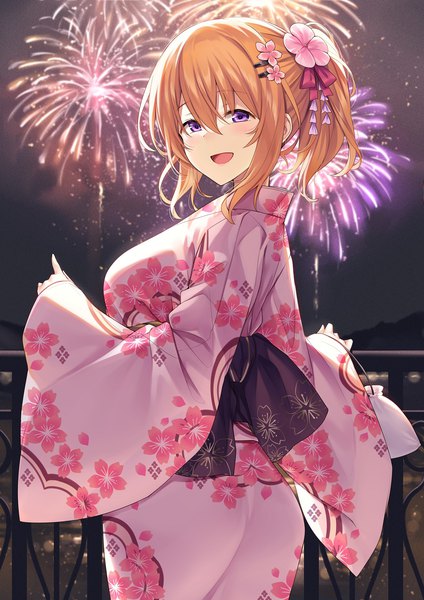 Anime picture 992x1403 with gochuumon wa usagi desu ka? white fox hoto cocoa ks single tall image looking at viewer blush fringe short hair breasts open mouth smile brown hair standing purple eyes payot ponytail traditional clothes :d