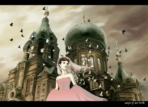 Anime picture 1280x920 with original totoro (pixiv) brown hair sky cloud (clouds) black eyes girl dress earrings animal bird (birds) cross wedding dress church