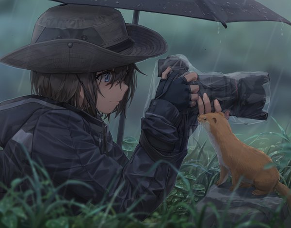 Anime picture 2712x2126 with original free style (yohan1754) single blush fringe highres short hair blue eyes black hair smile hair between eyes holding looking away upper body outdoors long sleeves profile blurry depth of field rain