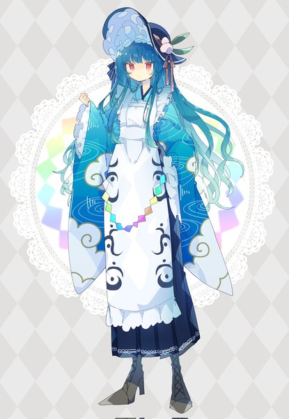 Anime picture 1418x2048 with touhou hinanawi tenshi nikorashi-ka single long hair tall image fringe red eyes standing blue hair looking away full body traditional clothes japanese clothes rhombus adapted costume girl hat kimono apron