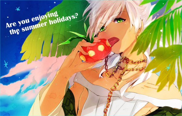 Anime picture 1200x768 with magi the labyrinth of magic a-1 pictures sharrkan popporori (artist) single short hair open mouth bare shoulders green eyes sky white hair inscription boy plant (plants) tree (trees) tongue chain fruit palm tree