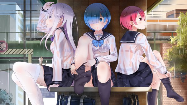 Anime picture 1920x1080 with re:zero kara hajimeru isekai seikatsu white fox rem (re:zero) emilia (re:zero) ram (re:zero) puck (re:zero) edogawakid long hair blush fringe highres short hair open mouth blue eyes light erotic red eyes wide image sitting purple eyes multiple girls