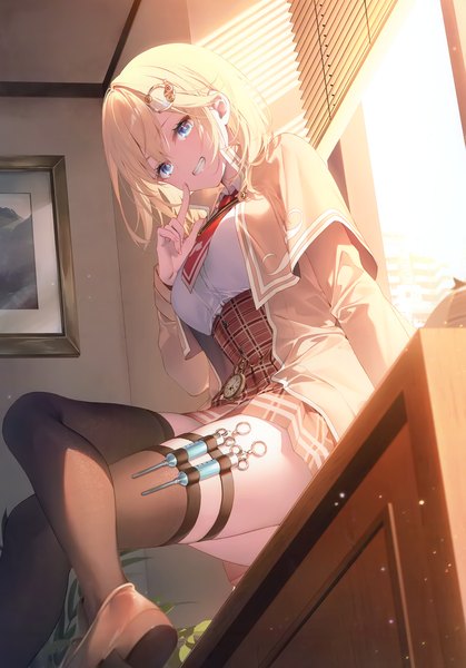 Anime picture 2418x3465 with virtual youtuber hololive hololive english watson amelia toosaka asagi single long hair tall image looking at viewer fringe highres short hair breasts blue eyes blonde hair smile sitting bent knee (knees) indoors pleated skirt