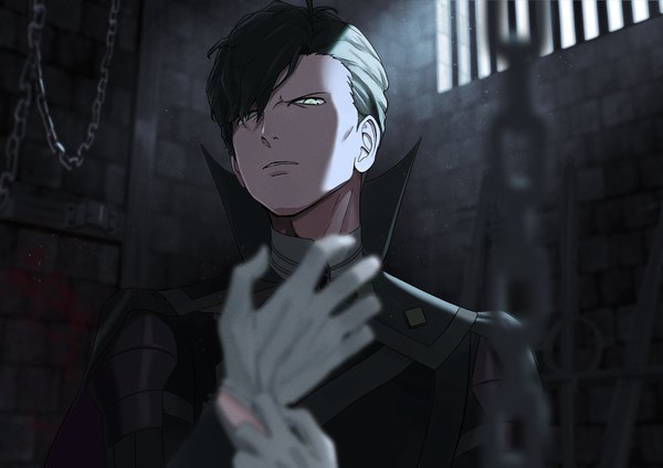 Anime picture 1754x1240 with fire emblem fire emblem: three houses nintendo hubert von vestra mueririko single looking at viewer fringe highres short hair black hair green eyes upper body indoors parted lips blurry hair over one eye depth of field frown brick wall