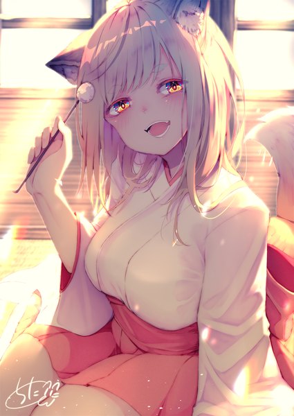 Anime picture 1417x2000 with original chita (ketchup) single long hair tall image looking at viewer blush fringe breasts open mouth blonde hair smile sitting holding signed animal ears indoors tail long sleeves traditional clothes