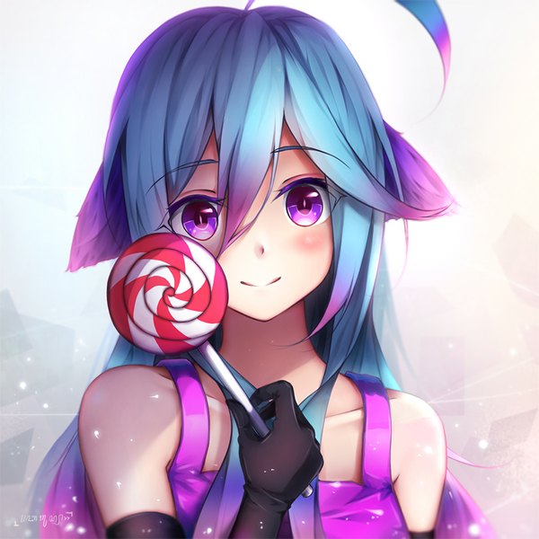 Anime picture 900x900 with original dmith (baguscasbon) single long hair looking at viewer blush fringe smile hair between eyes purple eyes bare shoulders signed animal ears blue hair purple hair upper body ahoge multicolored hair grey background gradient hair