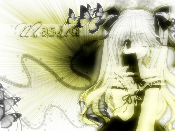 Anime picture 1024x768 with angel/dust angel/dust neo haga musia nanase aoi single long hair looking at viewer twintails upper body white hair one eye closed wink covered mouth third-party edit girl ribbon (ribbons) hair ribbon insect butterfly