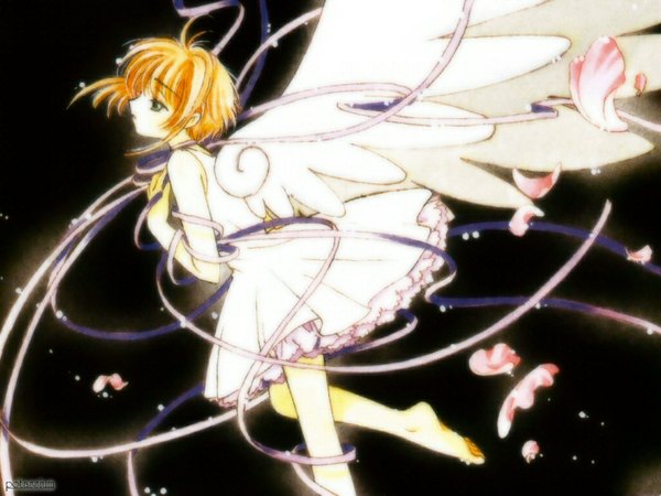 Anime picture 1024x768 with card captor sakura clamp kinomoto sakura ribbon (ribbons) petals wings