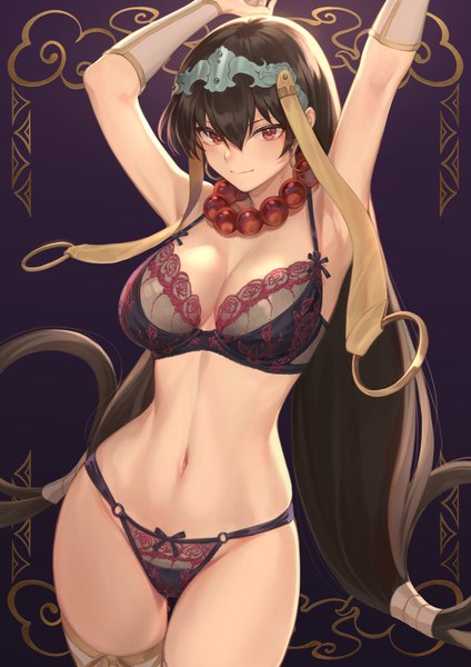 Anime picture 1302x1842 with fate (series) fate/grand order xuangzang sanzang (fate) mashuu (neko no oyashiro) single tall image looking at viewer blush fringe breasts light erotic simple background smile hair between eyes red eyes brown hair large breasts standing twintails cleavage